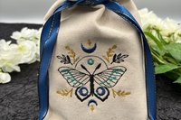 Moth Embroidered Silk lined Tarot Bag Keepsake Bag / Drawstring Bag / Jewelry Bag / Crystal Bag / Gift Bag / Tarot Pouch