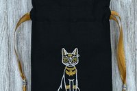 Bastet Embroidered, Silk lined Tarot Bag Keepsake Bag / Drawstring Bag / Jewelry Bag / Crystal Bag / Gift Bag / Tarot Pouch