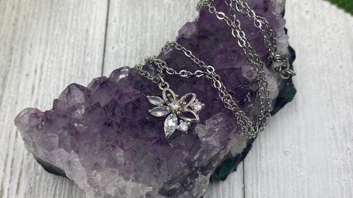 Rhinestone Flower Necklace, Floral Pendant Necklace, Minimalistic Necklace