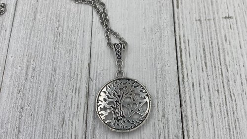 Triple Moon Pentacle Necklace, Witchy Necklace, Tree of Life Necklace, Handmade Necklace, Psychic Protection, Cham Necklace