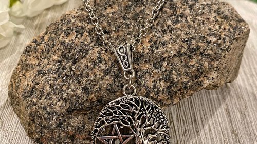 Triple Moon Pentacle Necklace, Witchy Necklace, Tree of Life Necklace, Handmade Necklace, Psychic Protection, Cham Necklace