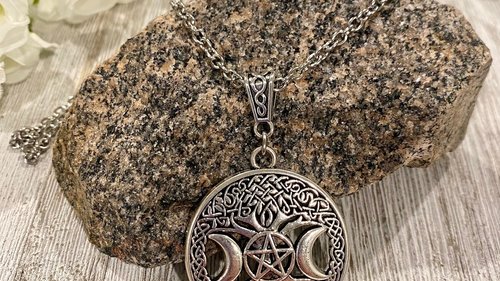 Triple Moon Pentacle Necklace, Witchy Necklace, Hecate Necklace, Tree of Life Necklace, Shield, Psychic Protection, Cham Necklace