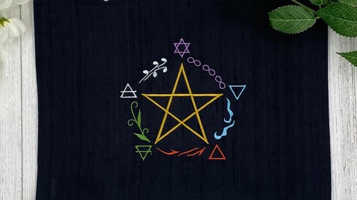 Embroidered Silk Elemental Pentacle Altar Cloth, Traveling Altar Cloth, Portable Altar Cloth, Small Spaces Altar, Home Office Altar