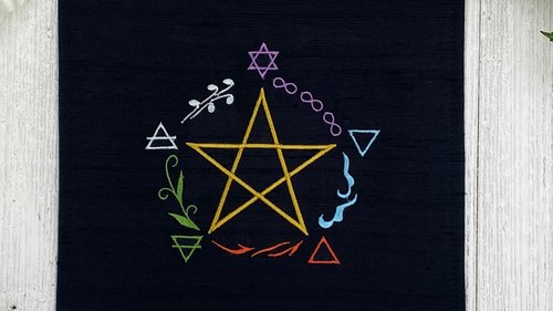 Embroidered Silk Elemental Pentacle Altar Cloth, Traveling Altar Cloth, Portable Altar Cloth, Small Spaces Altar, Home Office Altar