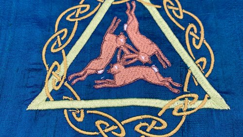 Embroidered Silk Three Hares Altar Cloth, Traveling Altar Cloth, Portable Altar Cloth, Small Spaces Altar, Home Office Altar