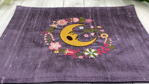 Embroidered Silk Floral Moon Altar Cloth, Traveling Altar Cloth, Portable Altar Cloth, Small Spaces Altar, Home Office Altar