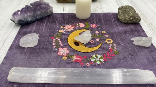 Embroidered Silk Floral Moon Altar Cloth, Traveling Altar Cloth, Portable Altar Cloth, Small Spaces Altar, Home Office Altar