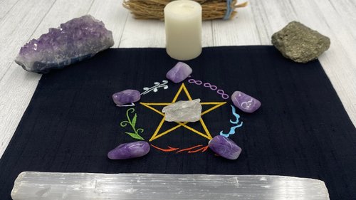 Embroidered Silk Elemental Pentacle Altar Cloth, Traveling Altar Cloth, Portable Altar Cloth, Small Spaces Altar, Home Office Altar