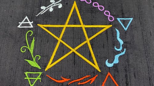 Embroidered Silk Elemental Pentacle Altar Cloth, Traveling Altar Cloth, Portable Altar Cloth, Small Spaces Altar, Home Office Altar