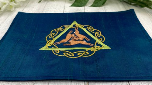 Embroidered Silk Three Hares Altar Cloth, Traveling Altar Cloth, Portable Altar Cloth, Small Spaces Altar, Home Office Altar