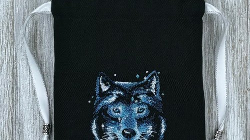 Wolf Embroidered Silk lined Tarot Bag Keepsake Bag / Drawstring Bag / Jewelry Bag / Crystal Bag / Gift Bag / Tarot Pouch