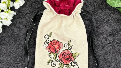 Rose Embroidered Silk lined Tarot Bag Keepsake Bag / Drawstring Bag / Jewelry Bag / Crystal Bag / Gift Bag / Tarot Pouch