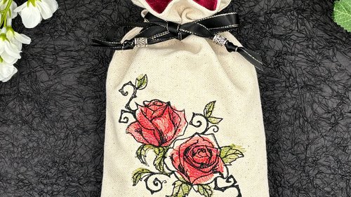 Rose Embroidered Silk lined Tarot Bag Keepsake Bag / Drawstring Bag / Jewelry Bag / Crystal Bag / Gift Bag / Tarot Pouch