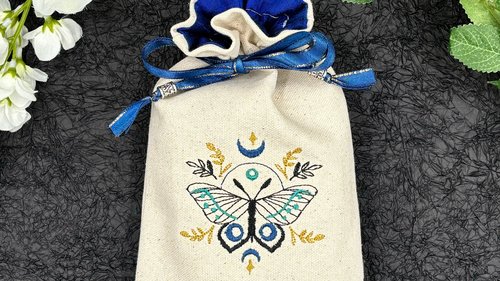 Moth Embroidered Silk lined Tarot Bag Keepsake Bag / Drawstring Bag / Jewelry Bag / Crystal Bag / Gift Bag / Tarot Pouch