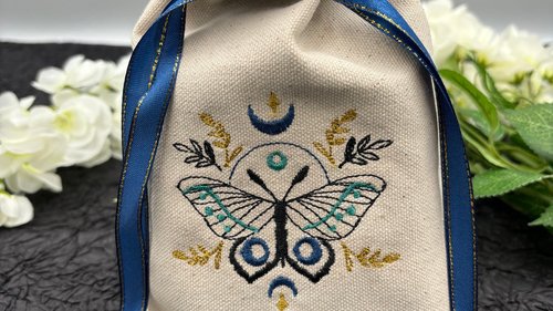 Moth Embroidered Silk lined Tarot Bag Keepsake Bag / Drawstring Bag / Jewelry Bag / Crystal Bag / Gift Bag / Tarot Pouch