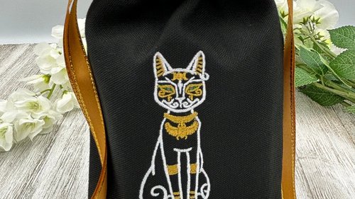 Bastet Embroidered, Silk lined Tarot Bag Keepsake Bag / Drawstring Bag / Jewelry Bag / Crystal Bag / Gift Bag / Tarot Pouch