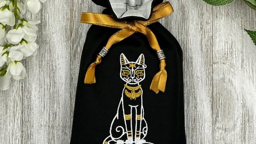 Bastet Embroidered, Silk lined Tarot Bag Keepsake Bag / Drawstring Bag / Jewelry Bag / Crystal Bag / Gift Bag / Tarot Pouch