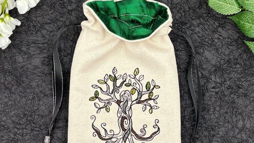 Tree Embroidered Silk lined Tarot Bag Keepsake Bag / Drawstring Bag / Jewelry Bag / Crystal Bag / Gift Bag / Tarot Pouch