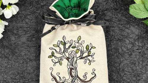 Tree Embroidered Silk lined Tarot Bag Keepsake Bag / Drawstring Bag / Jewelry Bag / Crystal Bag / Gift Bag / Tarot Pouch