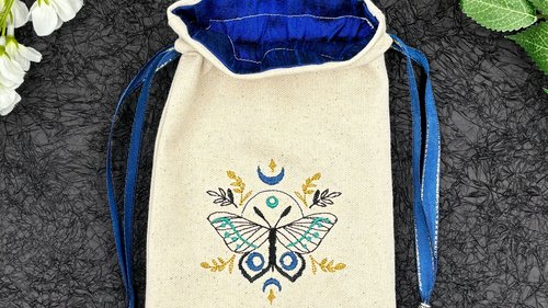 Moth Embroidered Silk lined Tarot Bag Keepsake Bag / Drawstring Bag / Jewelry Bag / Crystal Bag / Gift Bag / Tarot Pouch