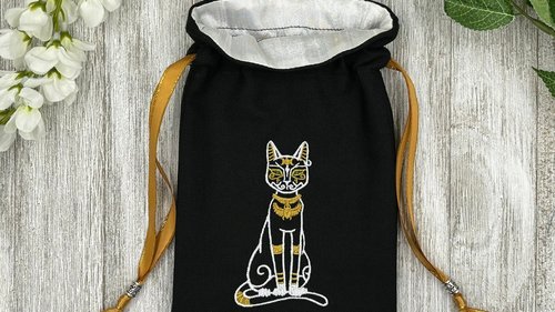 Bastet Embroidered, Silk lined Tarot Bag Keepsake Bag / Drawstring Bag / Jewelry Bag / Crystal Bag / Gift Bag / Tarot Pouch