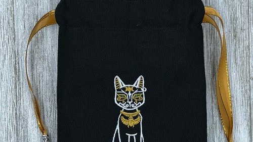 Bastet Embroidered, Silk lined Tarot Bag Keepsake Bag / Drawstring Bag / Jewelry Bag / Crystal Bag / Gift Bag / Tarot Pouch