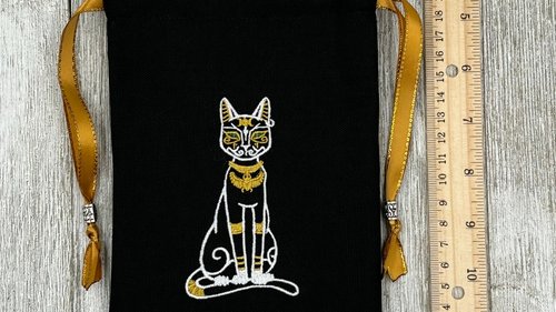 Bastet Embroidered, Silk lined Tarot Bag Keepsake Bag / Drawstring Bag / Jewelry Bag / Crystal Bag / Gift Bag / Tarot Pouch