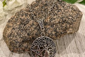 Triple Moon Pentacle Necklace, Witchy Necklace, Tree of Life Necklace, Handmade Necklace, Psychic Protection, Cham Necklace