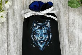 Wolf Embroidered Silk lined Tarot Bag Keepsake Bag / Drawstring Bag / Jewelry Bag / Crystal Bag / Gift Bag / Tarot Pouch